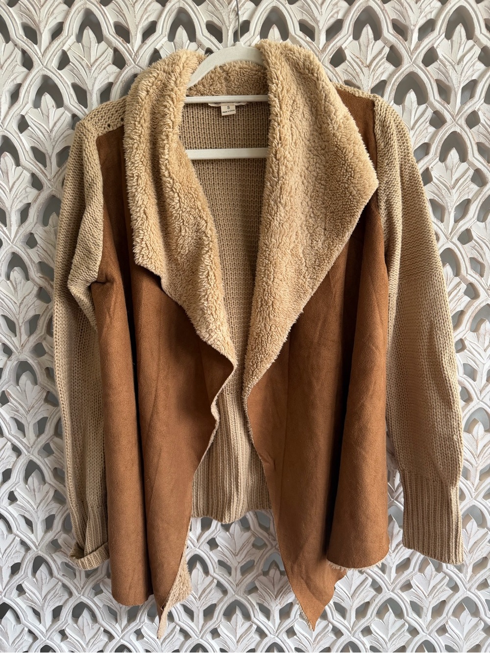 Double Zero Tan Sherpa Collar Mixed Media Cardigan Jacket Size S
